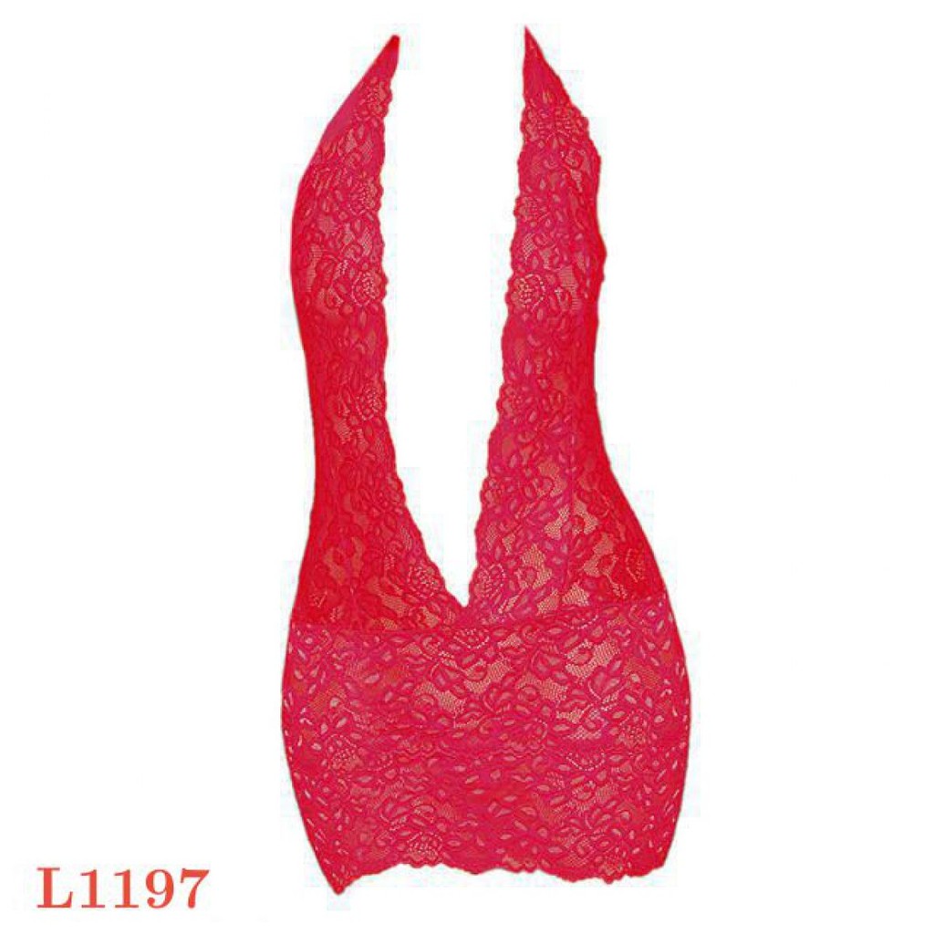 L1197 - Baju Tidur Lingerie Bodycon Sheath Dress Halter Merah Transparan Belahan Dada Rendah