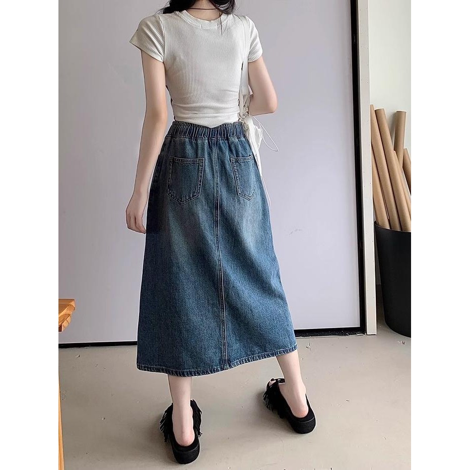 9qli- Jumbo Midi Rok Span Karet Skirt Split Depan Rok Denim Korean Style A Line Rok Jeans