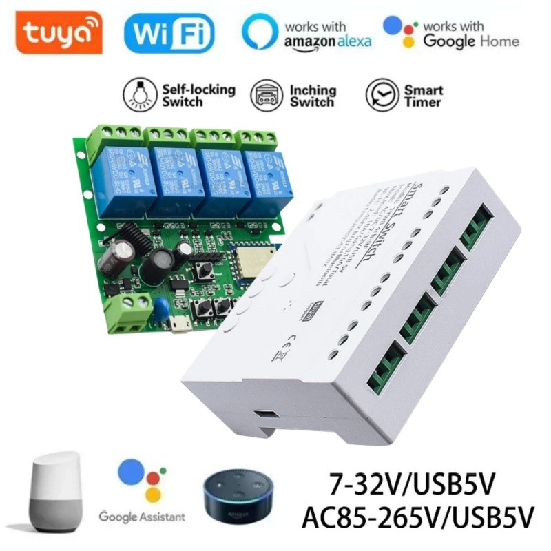 Tuya Wifi Rf 4 Channel Module 85-265V Smart Switch Wifi Garage Door Switch Curtain Module Relay