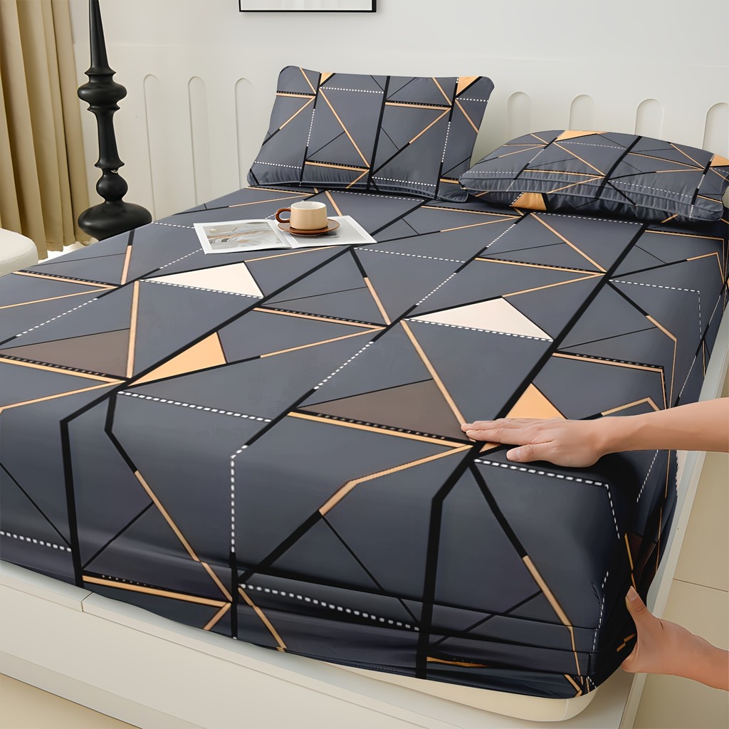 100% Cotton Brushed Print Bedroom Home Hotel -Friendly Soft Fitted Sheet Set One Fitted Sheet + Two