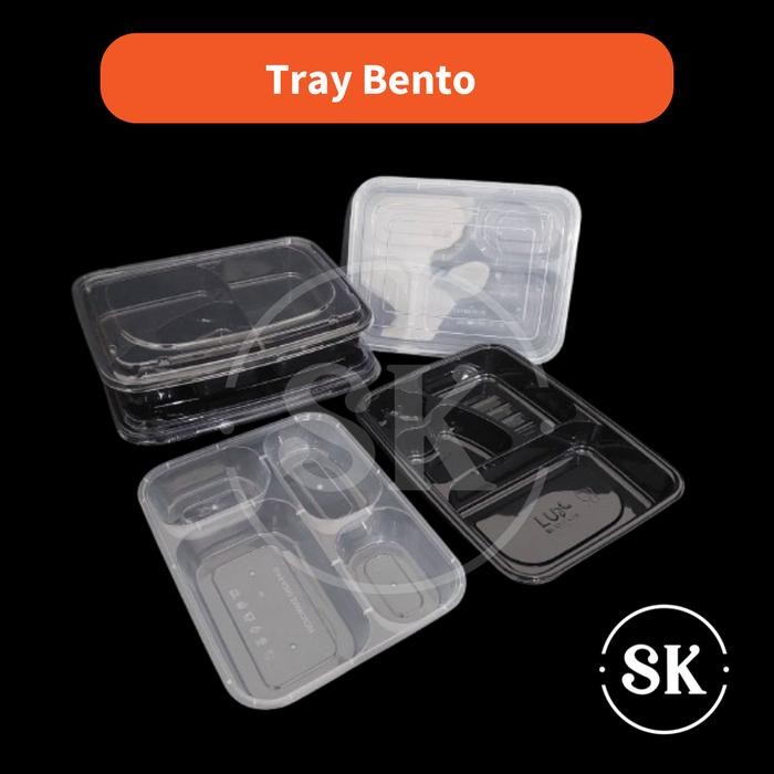 ( 50pcs ) Tray Bento 4 sekat Thinwall / Mika / warna Hitam/Transparan