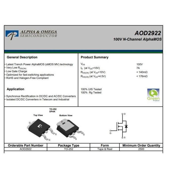 ORIGINAL AOD2922 D2922 100V 7A N-Channel AlphaMOS DPAK TO-252 - AO