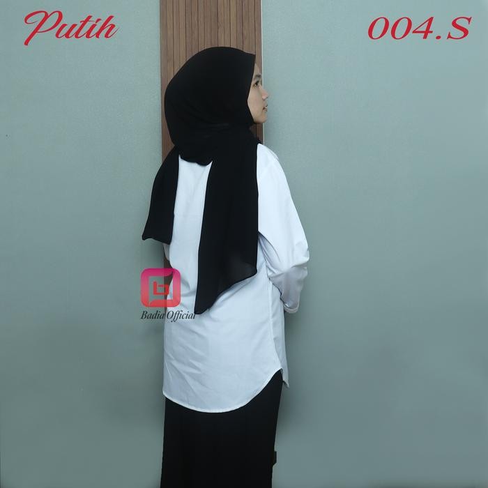 Kemeja Tunik Putih Tanpa Kerah Saku Kantong Depan Polos Wanita Shanghai Panjang Jumbo Premium Badia