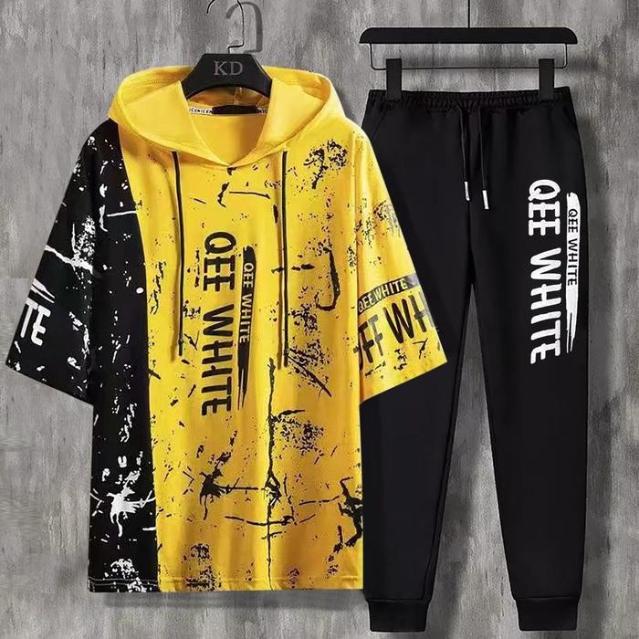 Setelan Kaos Hoodie White Cowok One Set Pria + Celana Joger Pants terlaris