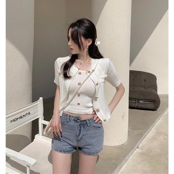 Oneset Outer Cardigan Rajut Wanita Baju Atasan Knitwear Crop Top Lengan Pendek Casual Oversize