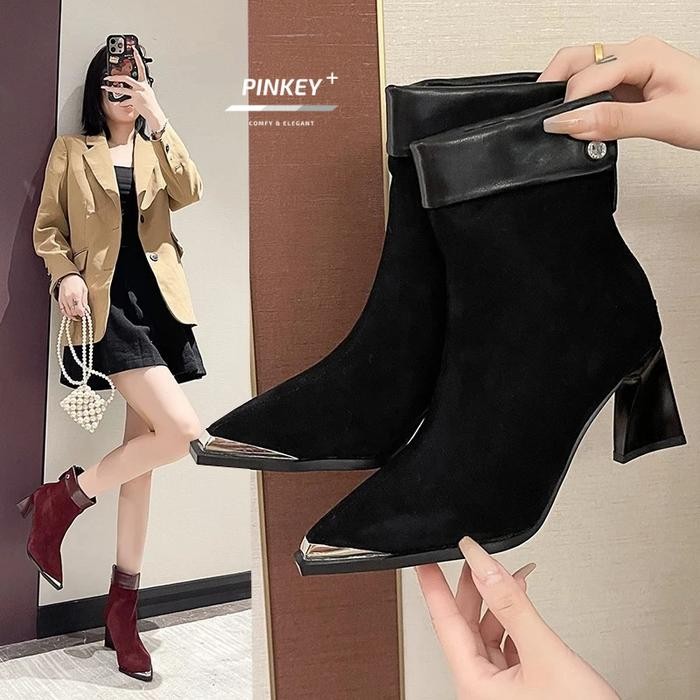 Adorable - P385 Sepatu Wanita Boots Import Korea Heels Hak Tinggi 7Cm Model Boots Black Shoes Merah