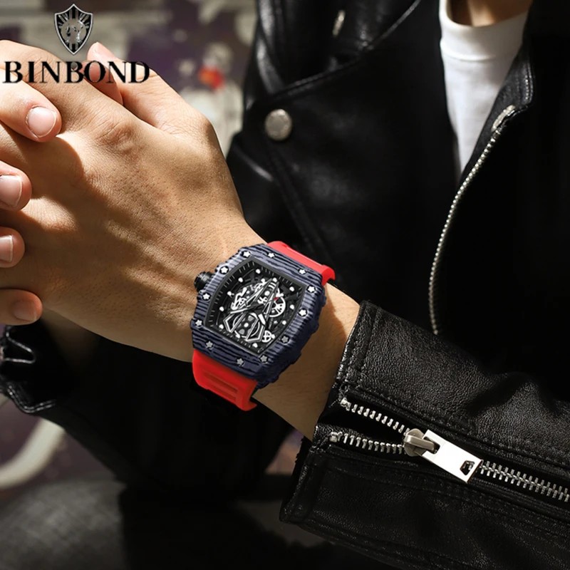 BINBOND Brand Men Watch Domineering Barrel Watch Curved Mirror Hollow Surface Sports Men Watch