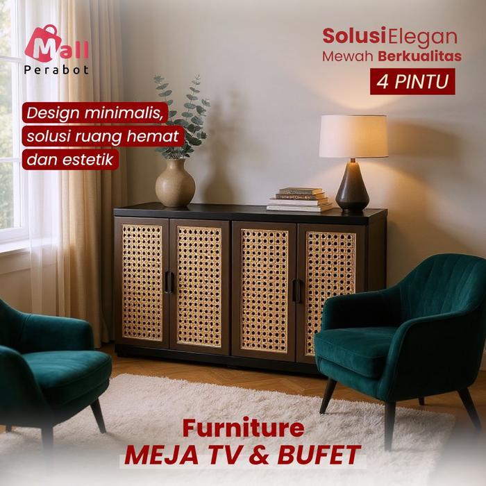 NEW Mall Perabot Meja TV Plastik Kokoh Premium Model Lemari Bufet Rotan 4 Pintu Anti Banjir Jamur