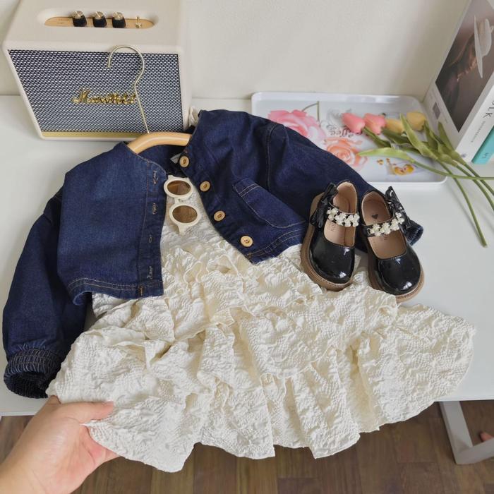 Baju Set Anak Cewe Creme/Baju Ancore Lala Rompi Jeans/Baju Undak-undak