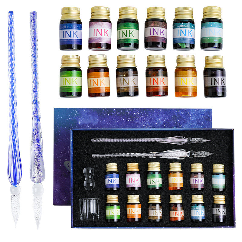 Free Starry Sky Glass Pen Set Signature Pen Crystal Student Dip Pen Glass Dip Pen Gift Pen Set of 16