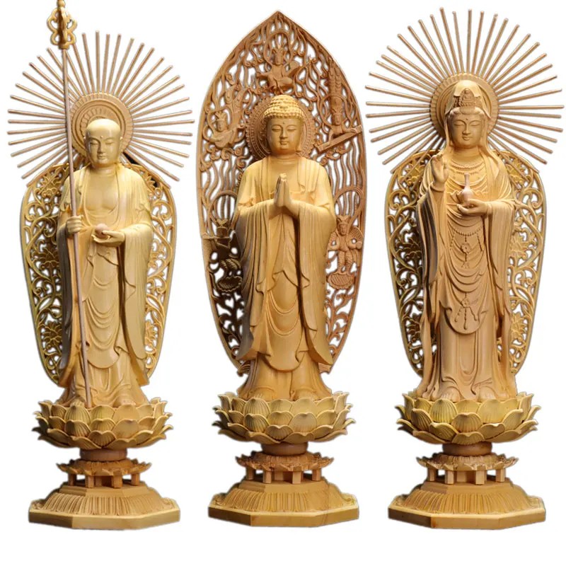 28cm Boxwood Three Buddha Sculpture Shakyamuni Wood Carving Guanyin Statue Home Decor