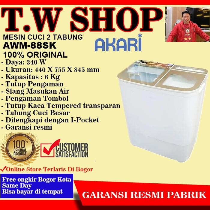 AKARI Mesin Cuci 2 Tabung 8 Kg Tempered Glass Kaca AWM-88SK Turbo Spin