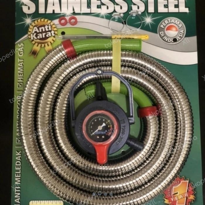Super Gas Paket Regulator Meter + Selang Gas Lpg 1,8 M Stainless Steel