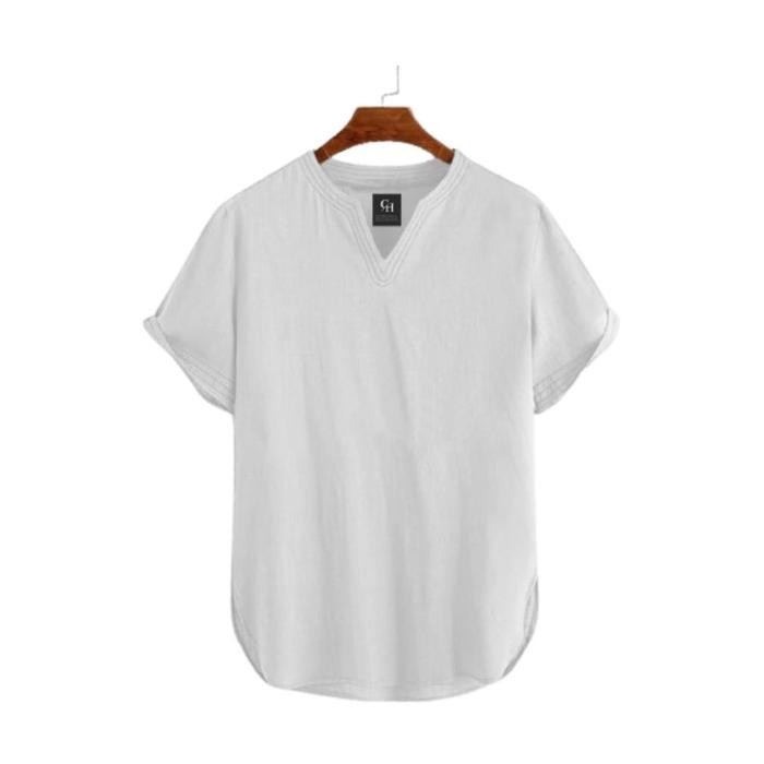 Pilihan- Koko Pria Muslim Lengan Pendek Putih V-Neck Kemeja Kurta Casual Formal