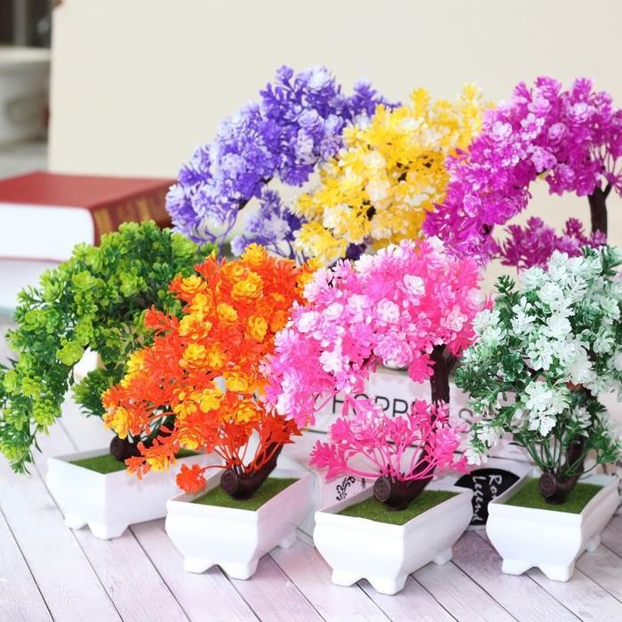 Bunga Bonsai Plastik Crescent + Pot Dekorasi Rumah Minimalis bunga Hias Ornamen
