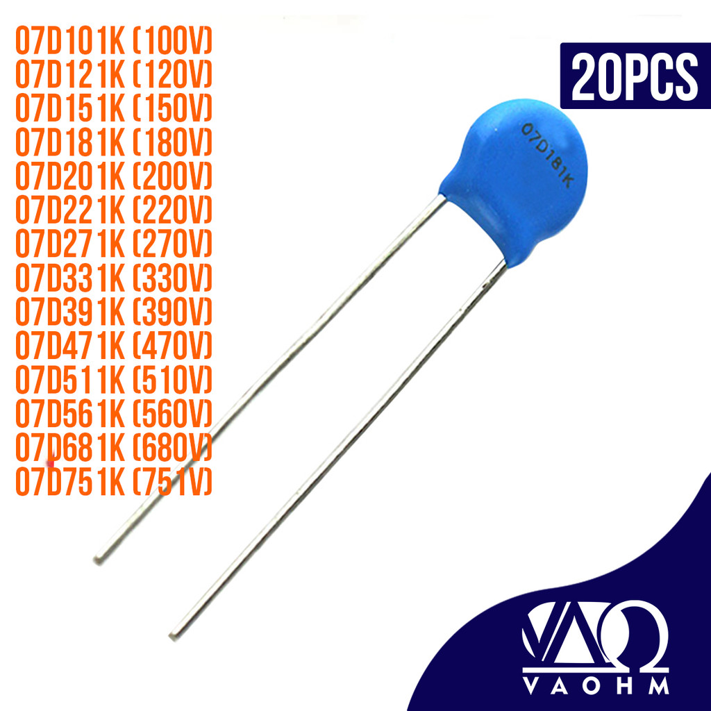 IMPORT 20PCS Metal Oxide Varistor 07D101K 07D121K 07D181K 07D201K 07D221K 07D271K 07D331K 07D361K