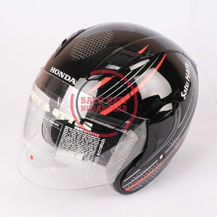 Honda Ori Honeycomb SNI Half Face Helm Helmet - Black Merah Glossy