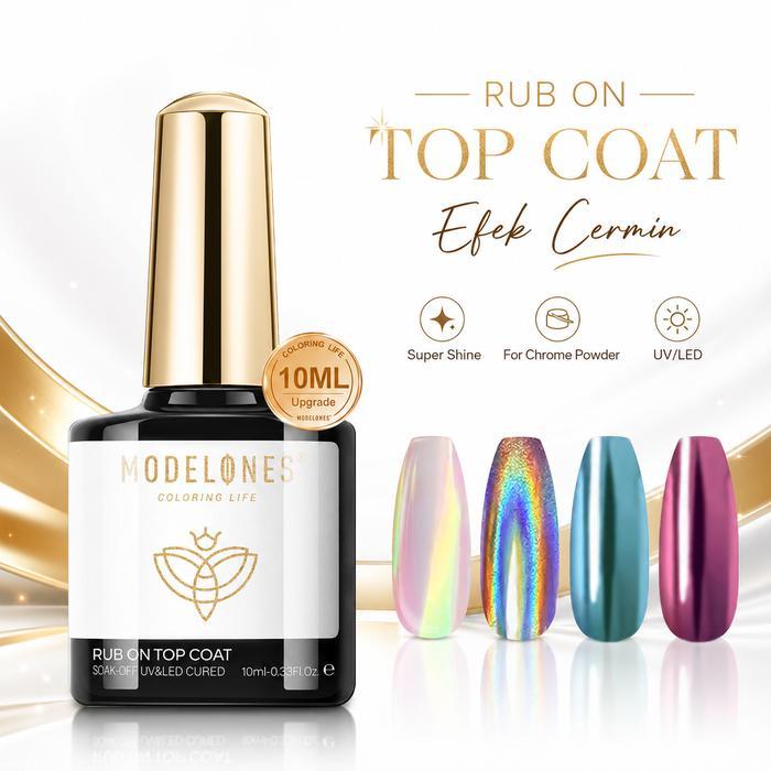 Modelones Gel Top Coat for Chrome Nail Powder, Mirror Shiny Clear Chrome Top coat No Wipe Long