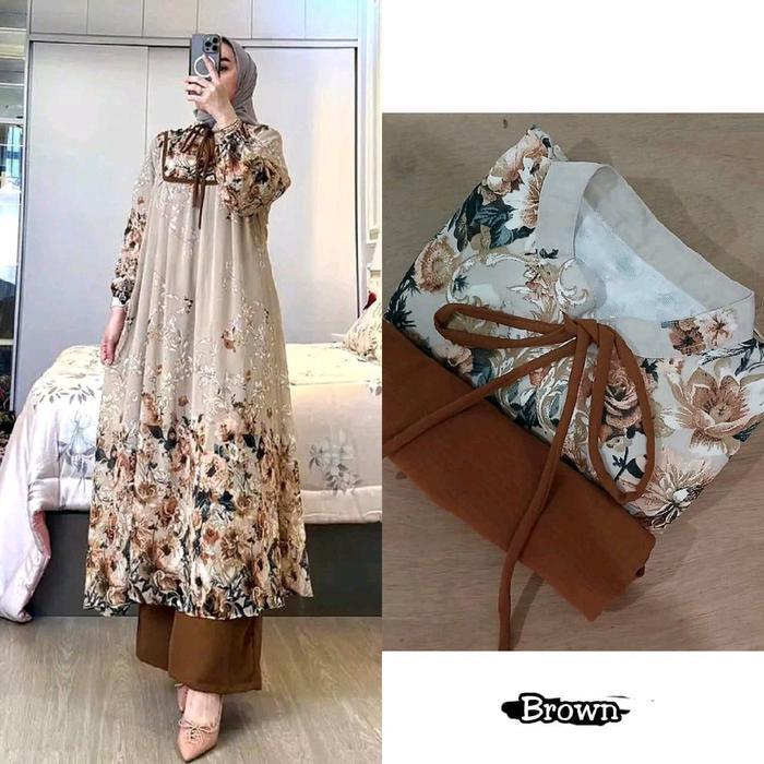 Setelan Tunik Melia Rayon Diamond Kancing Muslim Celana Karet Terbaru 