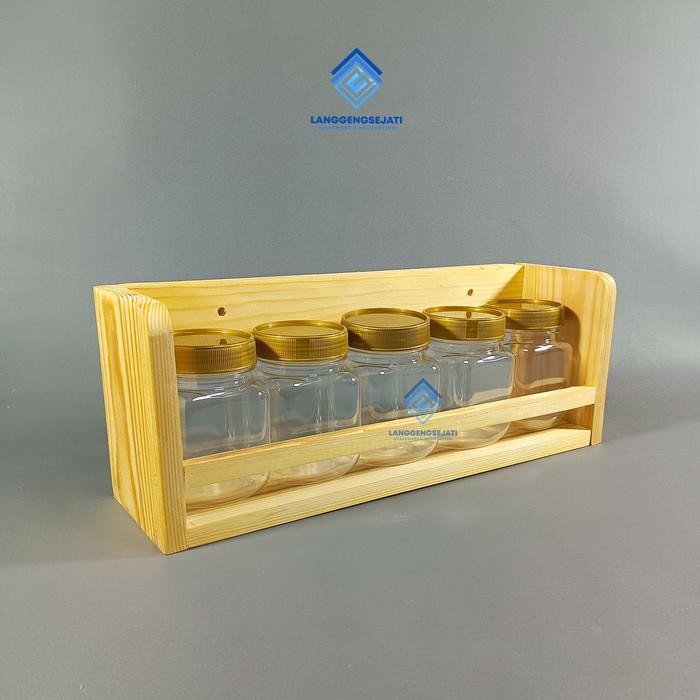 1 SET RAK TEMPAT BUMBU DAPUR DARI KAYU DAN TOPLES KACA CANTIK ISI 5PCS