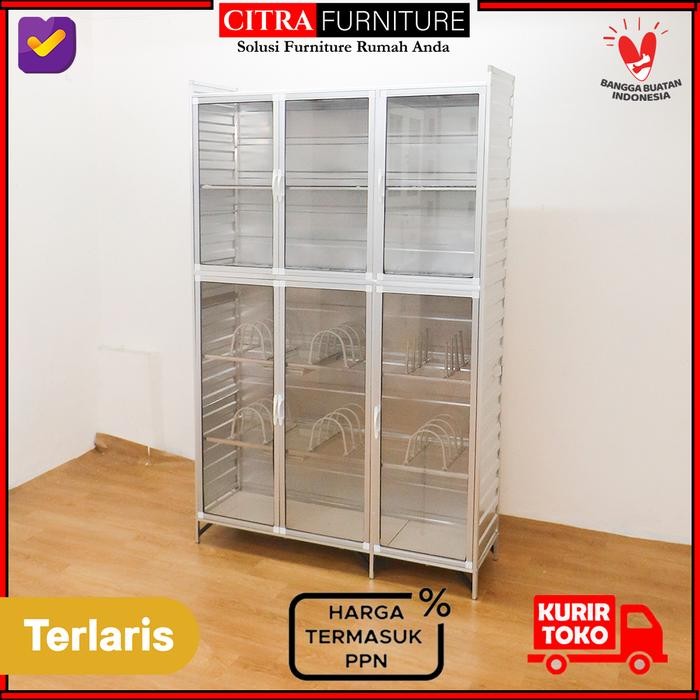 Rak piring 3 pintu kaca riben