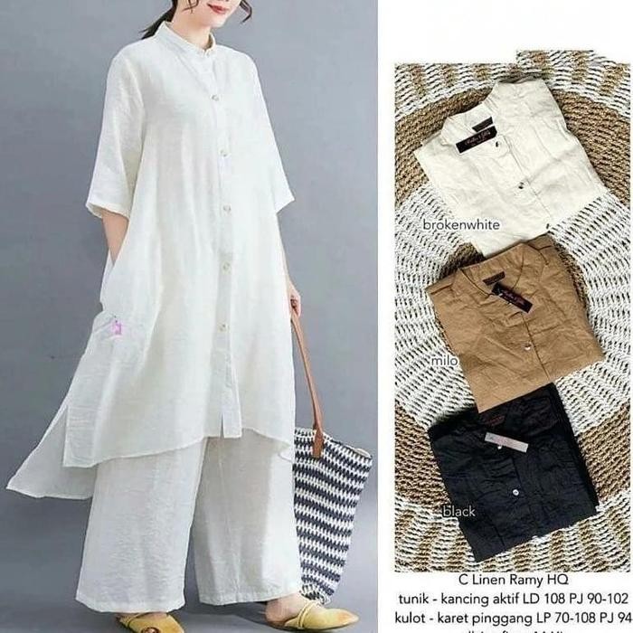Z_L_  Setelan Muslim Wanita Terbaru / One Set Tunik+Kulot Bahan Katun Linen