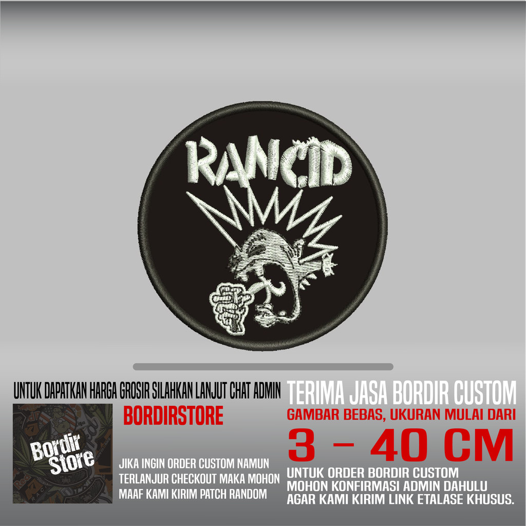 RANCID PUNK BULAT HITAM PUTIH BS-675 PATCH BORDIR LOGO/EMBLEM