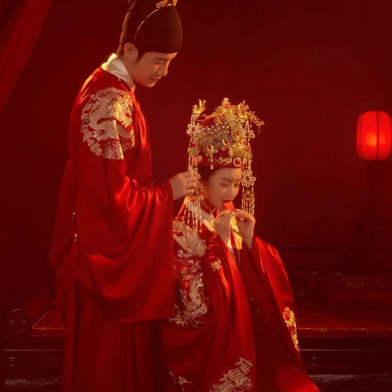 Yourqipao Chinese Traditional Phoenix Hanfu Wedding Clothing Ming Dynasty Bride Groom Costume Hand-m