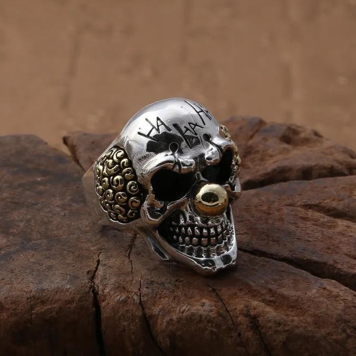 CINCIN TENGKORAK J0KER - SILVER GOLD BLACK CLOWN SKULL HEAD HA HA HA SKELETON RING / AKSESORIS PRIA