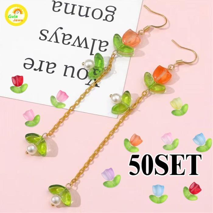 50set (50bunga 50daun)Manik Manik Bunga Tulip Manik Manik Kaca Kristal Manik Aestetik Beragam Warna