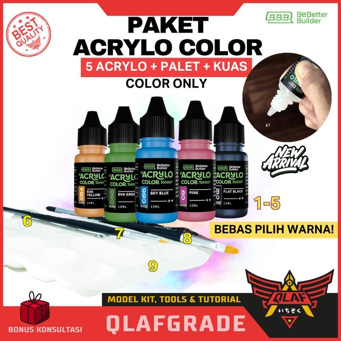 

PAKET CAT ACRYLO COLOR - BASIC for beginner Model Kit Gundam handbrush - Kuas Black Blue Green Grey