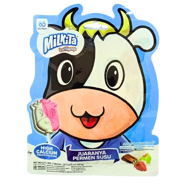 

S26901 MILKITA ASSORTED MILK LOLLIPOP CHOCO,STRAWBERRY,MELON PERMEN BUNGKUS 25,5GR MAJU BERSAMA (20250910)