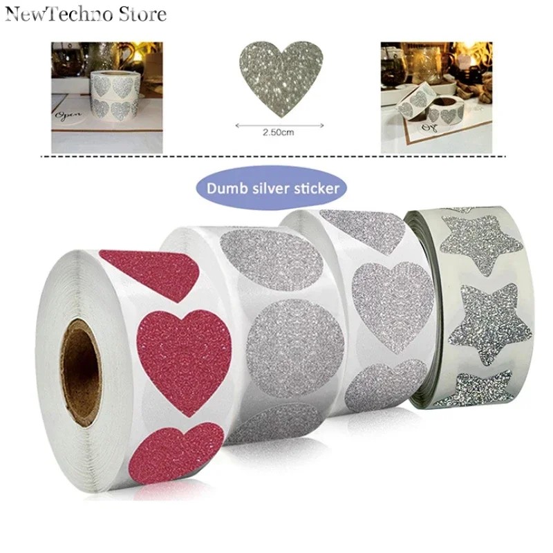 

300Pcs/Roll Exquisite Silver Shiny Dot Heart Shaped Stickers Seal Labels For Gift Package Glitter