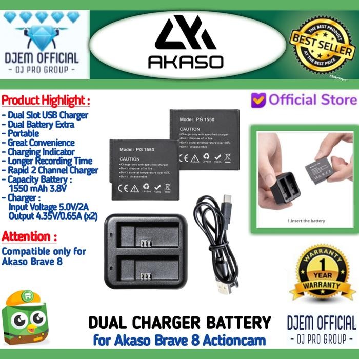 Berkualitas Akaso Brave 8 Dual Charger + 2 Battery Action Camera Actioncam Akaso Brave8 Baterai
