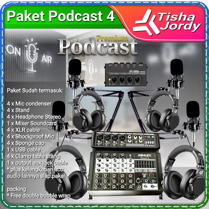 Ready Paket podcast 4 orang mic, headphone, mixer ashley, rekaman, live