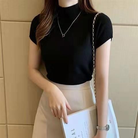TELLY 132 Kaos Atasan Rajut Kerah Tinggi Panjang Knitwear Crop Top Wanita Baju Pendek