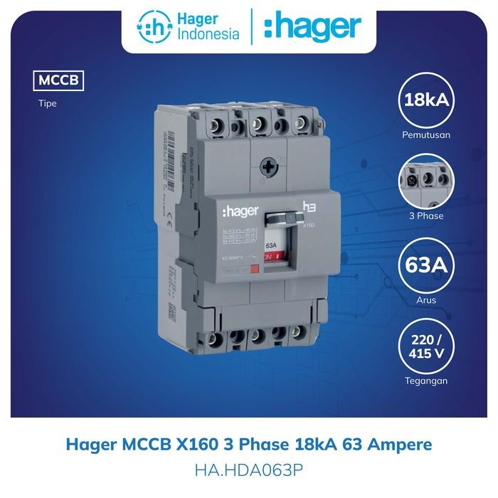 MCCB Hager 3P 3 Phase 18kA 63 Ampere 63A HDA063P