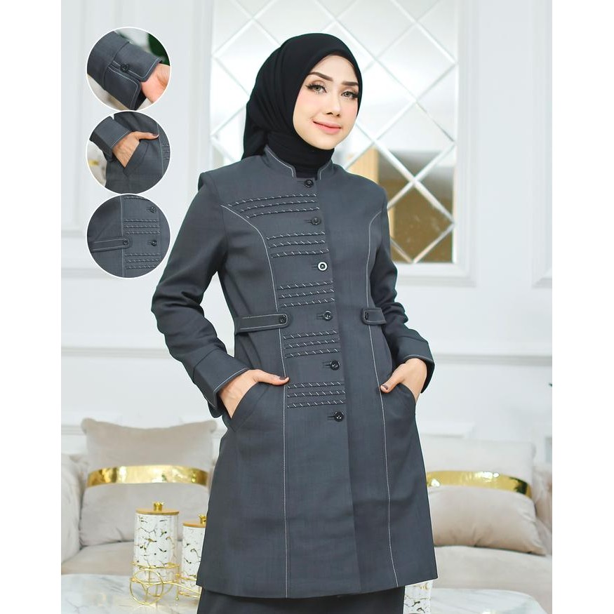 TERLARIS Seragam Kerja Baju Abu tua Tunik Stik Garis Wanita Setelan Celana Panjang Poliester FRee