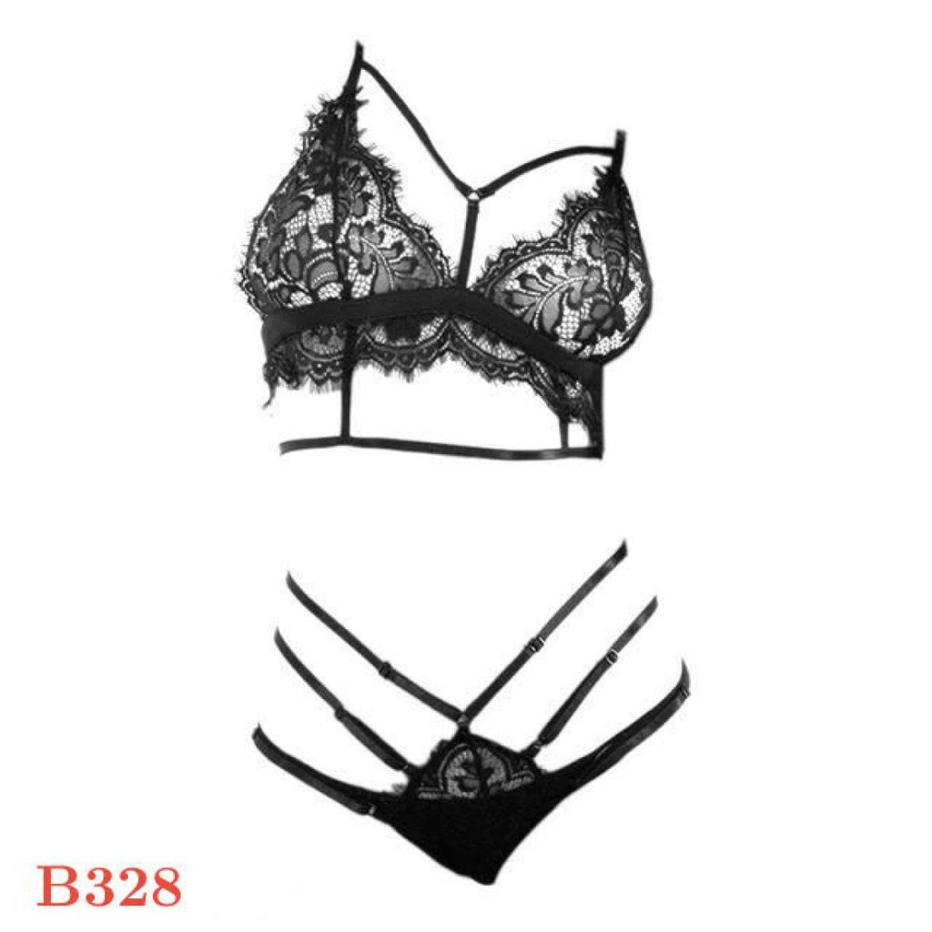 B328 - Bra Set Bralette Hitam Transparan Celana Dalam