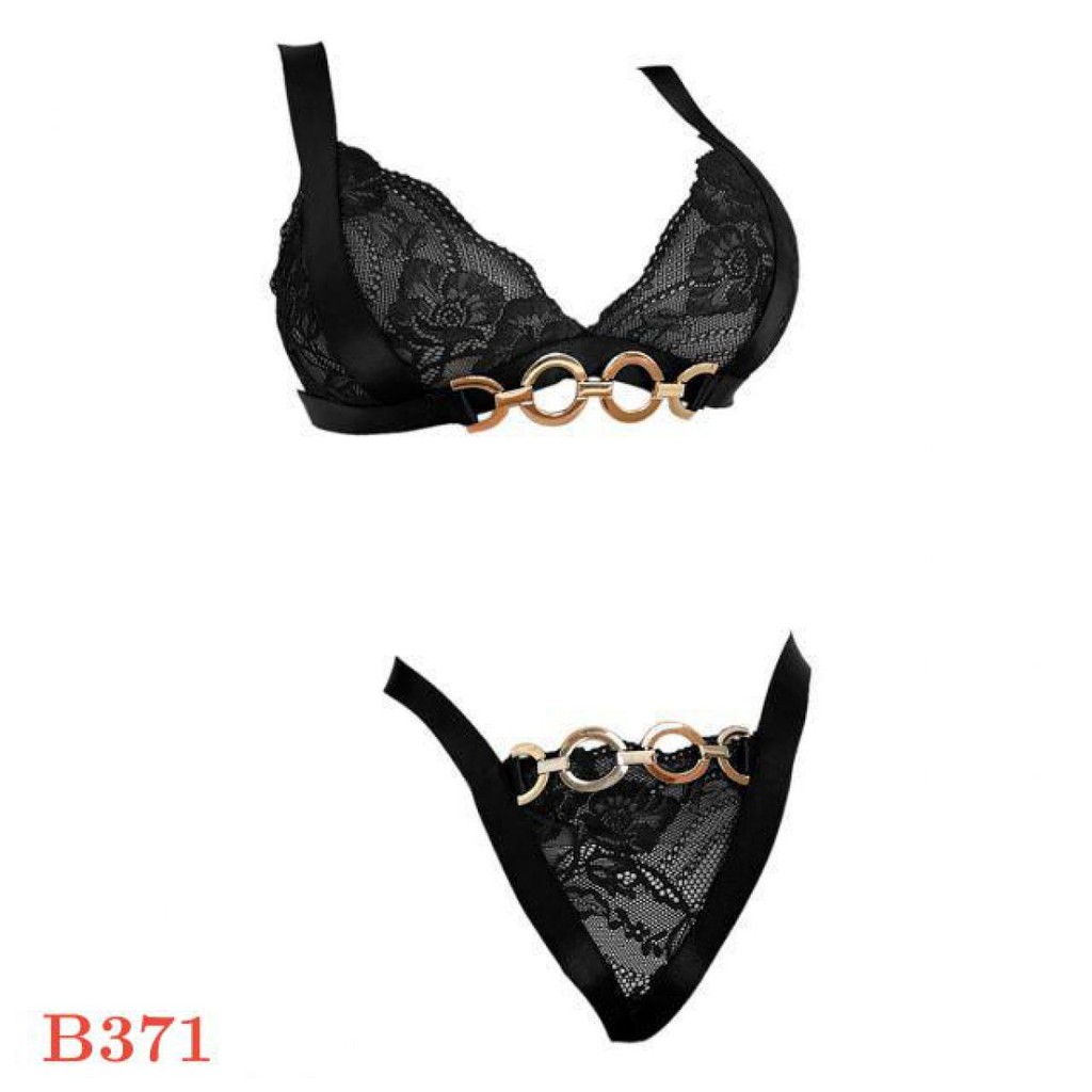 B371 - Bra Set Bralette Hitam Transparan Celana Dalam Rantai Gold