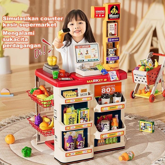 82CM MAINAN ANAK HOME SUPERMARKET SET JUALAN DAN BELANJA SUPERMARKET TROLLEY BELANJA SUPERMARKET