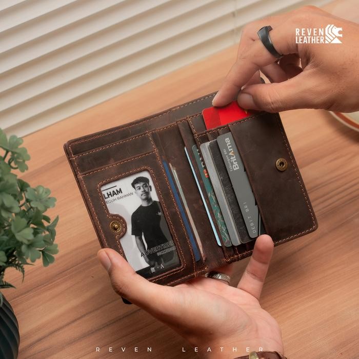 Dompet 3/4 Pria Kulit Sapi Premium Lipat 2 Kancing Klip Ruang Koin Resleting Crazy Horse Leather