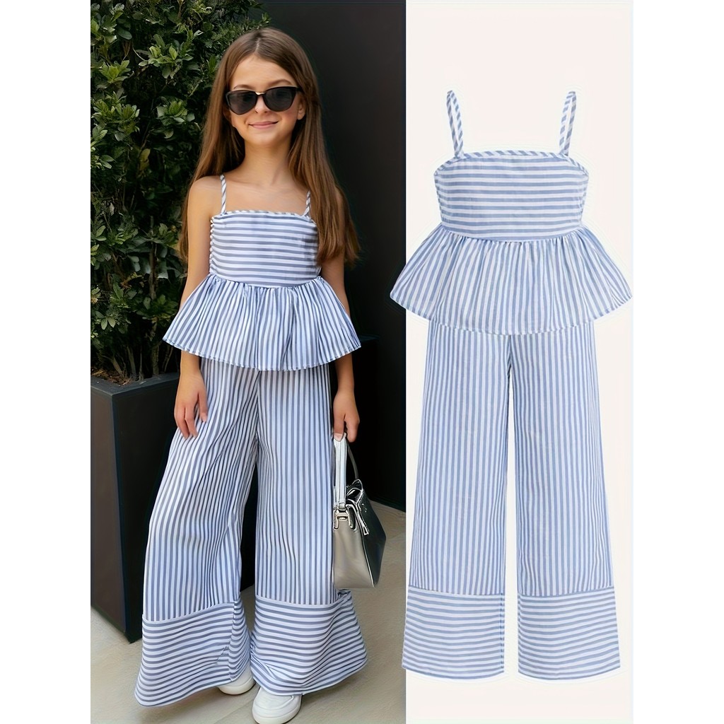 Kids Girls 2-Piece Striped Spaghetti Strap Peplum Top & Wide Leg Pants Set Preppy Summer Casual
