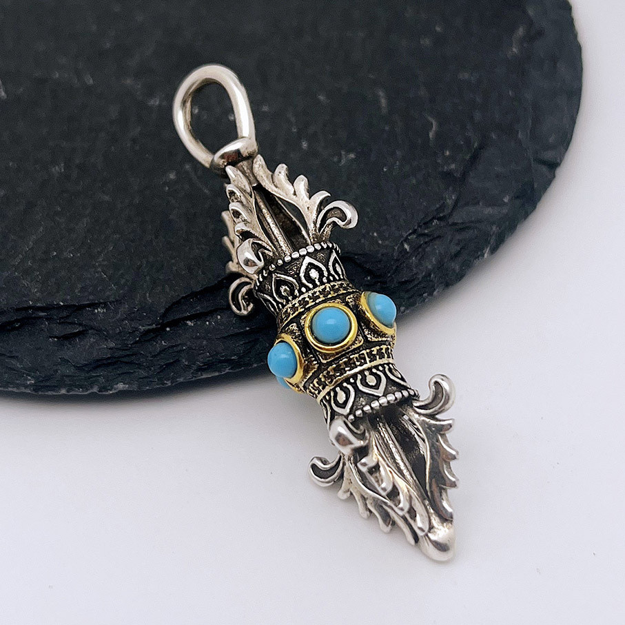 Retro vajra pendant for men and women set with turquoise necklace national trend king pendant for