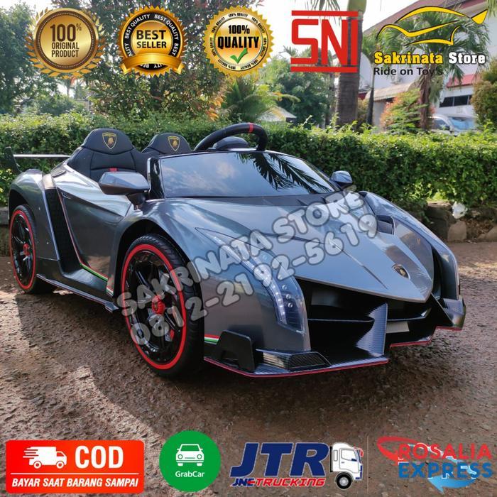 Mobil Aki Anak Lamborghini Veneno Lisensi TV Jok Kulit Ban Karet 2Seat - hitam