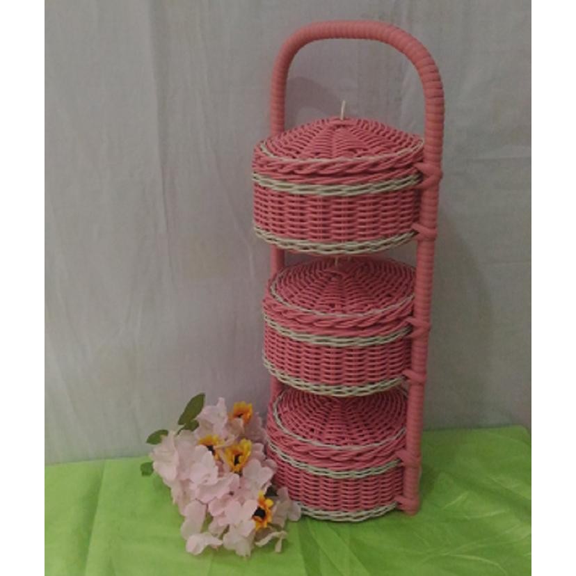 KERANJANG BUMBU DAPUR 3 SUSUN + TUTUP ROTAN SINTETIS RAK BAWANG BUMBU