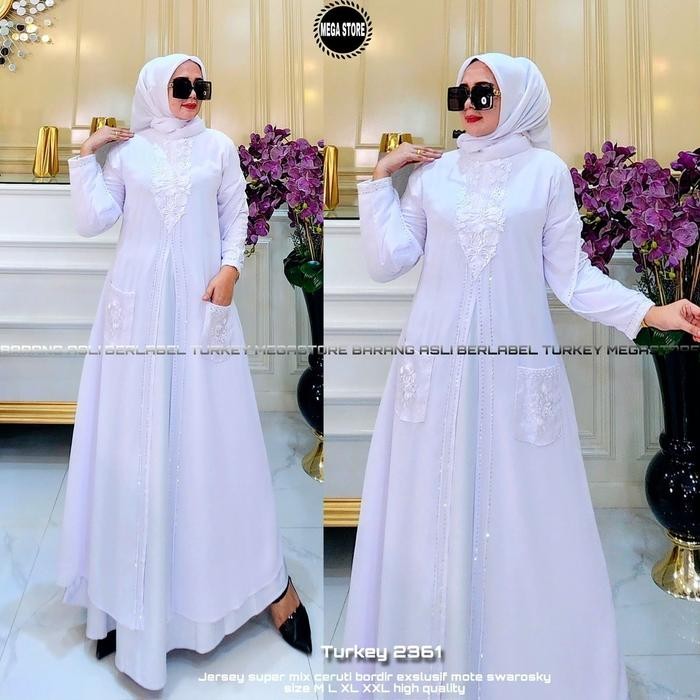 gamis turkey abaya#37 putih white jersey ceruty bordir import original