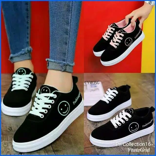 Sepatu Kets Sneakers Pria Wanita Hitam Smile Sepatu Sekolah Anak SMA