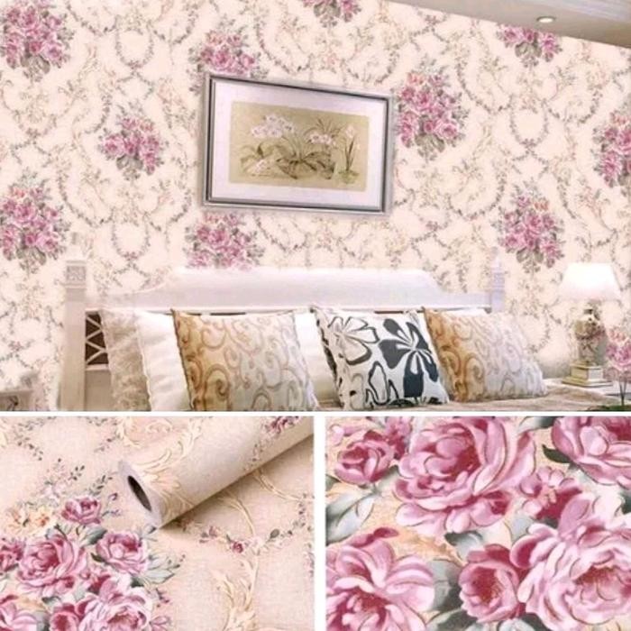 Wallpaper Dinding Sticker Dinding Motif Bunga Pink Warna Dasar Krem Kertas
