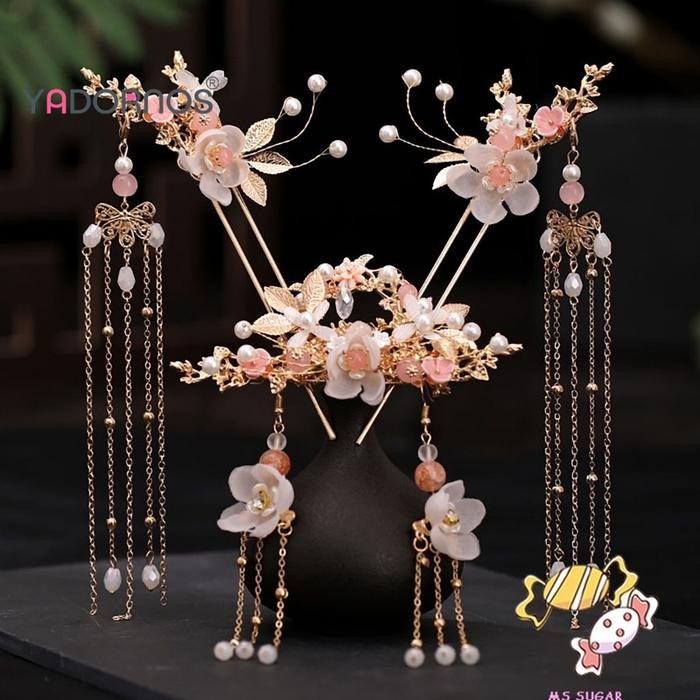 YADORNOS Set Hiasan Kepala Bunga Antik Rumbai Anting Stik Rambut Jepit Rambut Aksesori DIY untuk